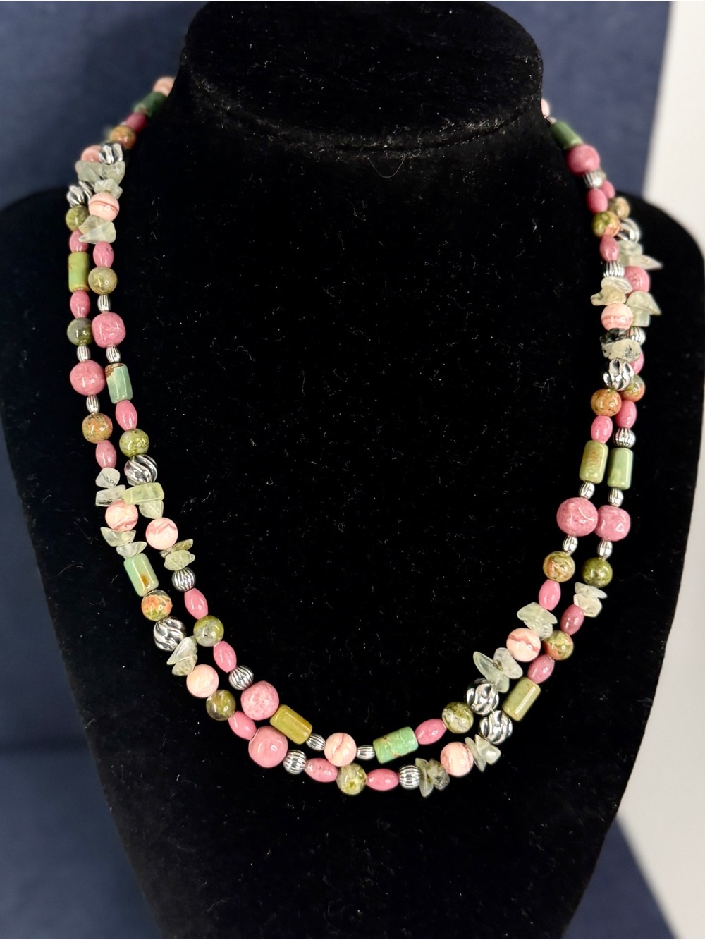 CAROLYN POLLACK Sterling Silver Pink Green Rhodonite Jasper Unakite Necklace - Picture 6 of 9